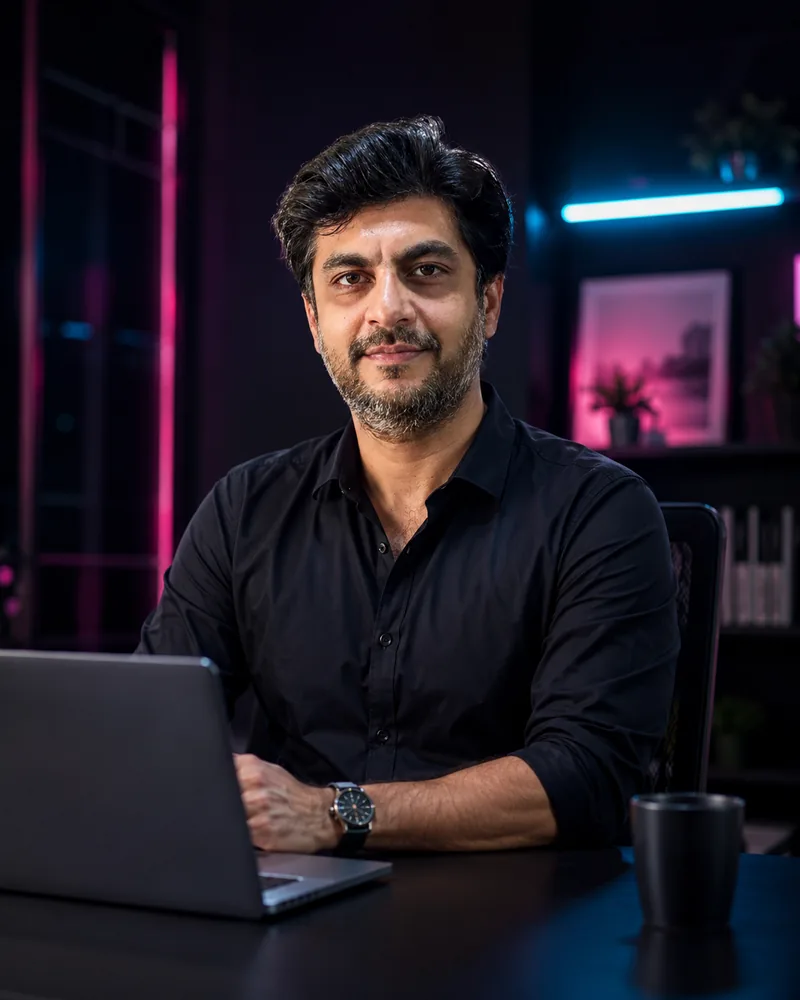 Keval Padia, founder of Saisei, in a modern office with subtle neon lighting