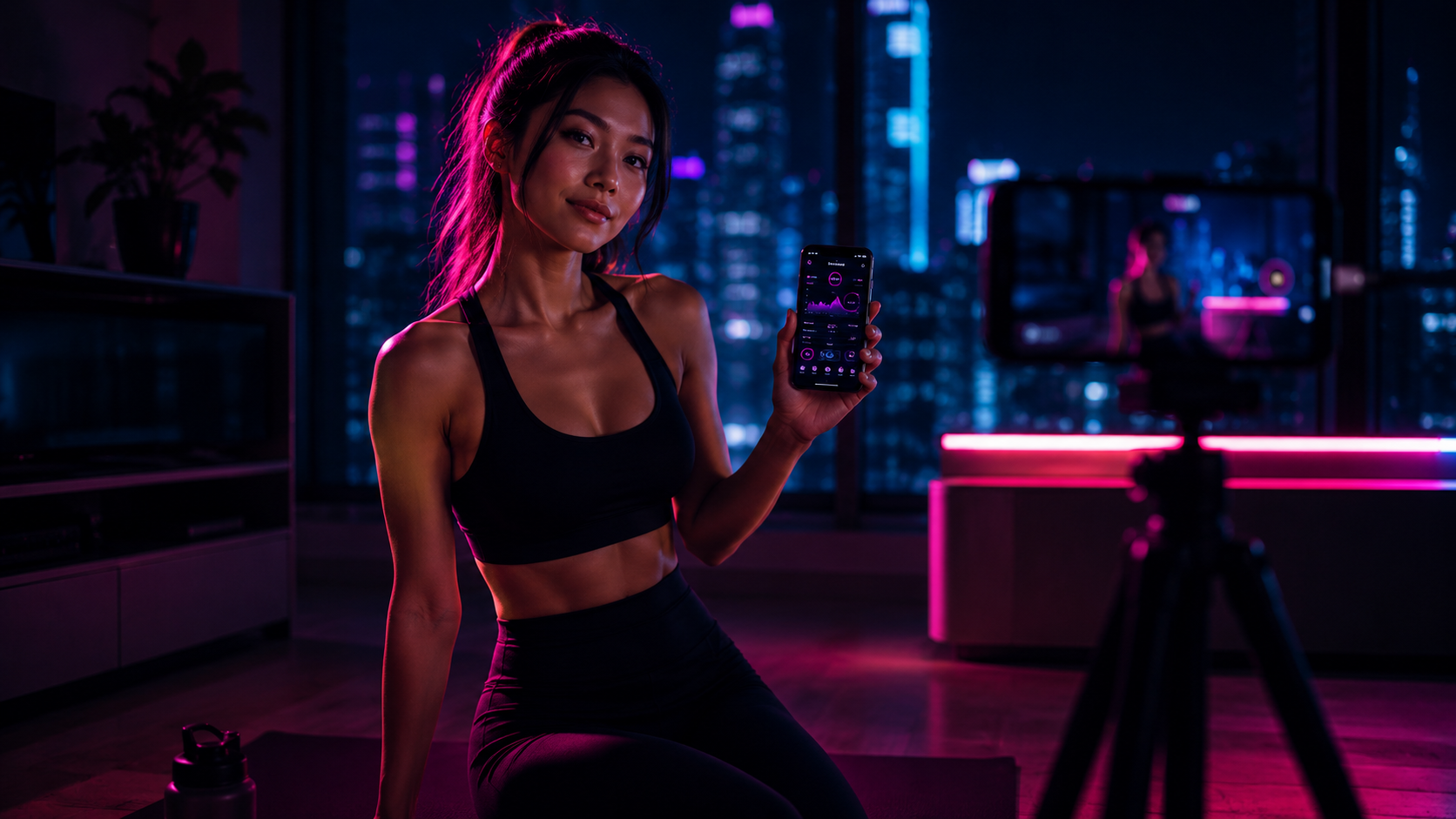 Mid-tier fitness influencer with smartphone showing branded fitness app, Tokyo neon city night setting