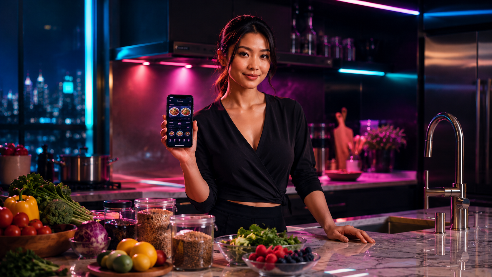 Professional nutritionist in bright modern kitchen with smartphone showing meal plan app