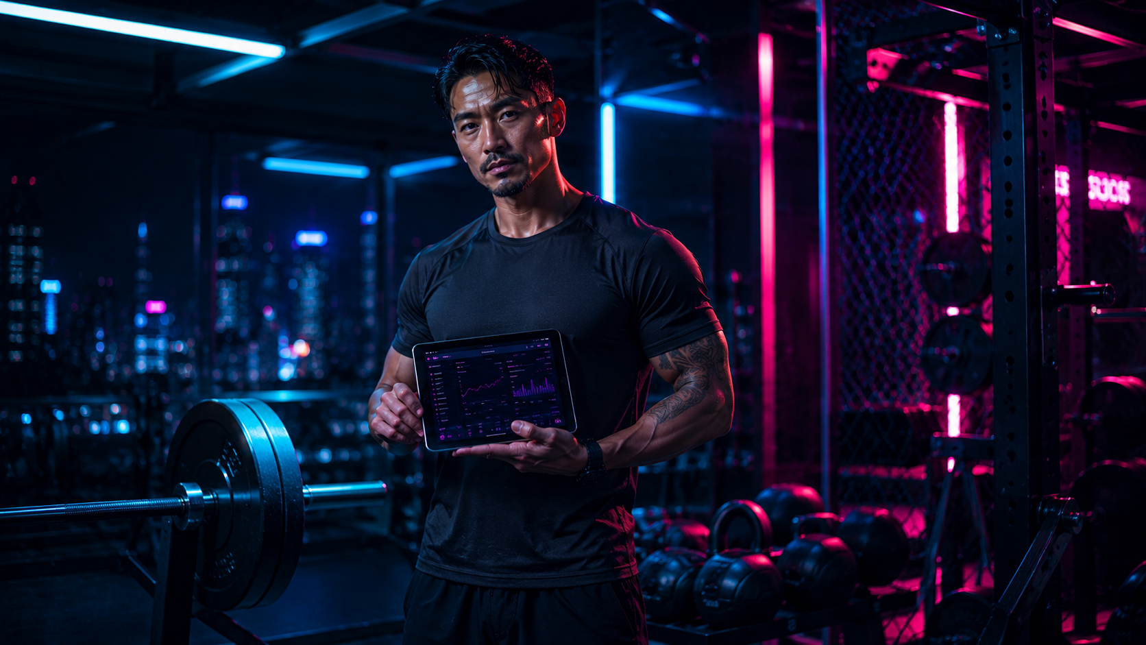 Strength coach with tablet in modern training facility with Tokyo neon lighting