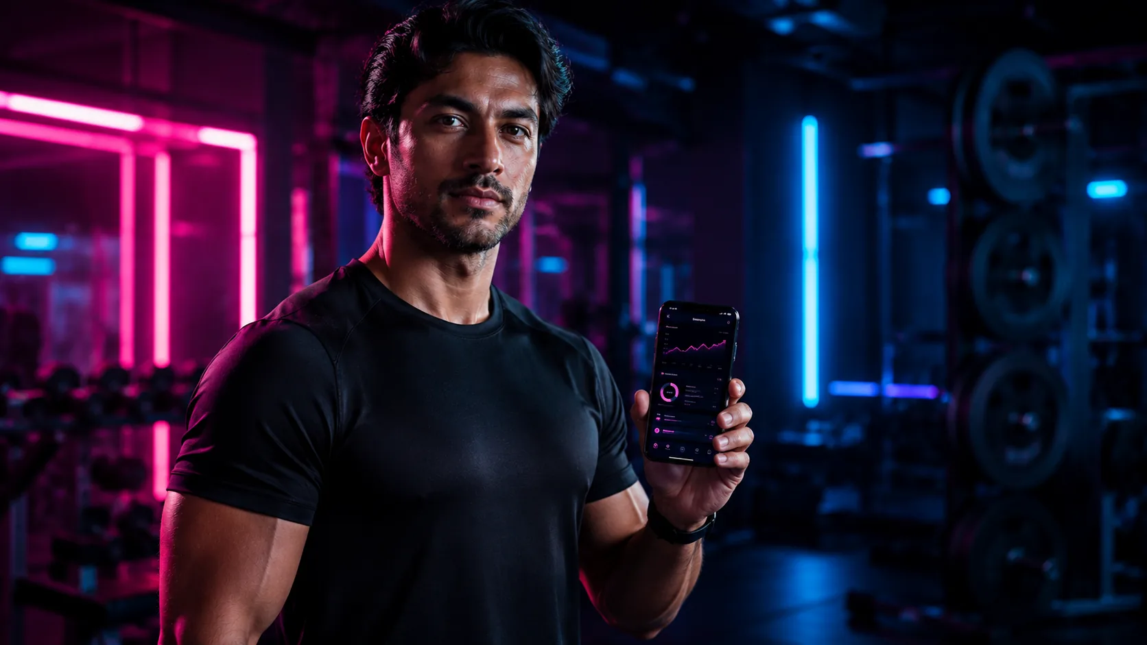 Personal trainer holding phone showing branded coaching app in a modern gym at night
