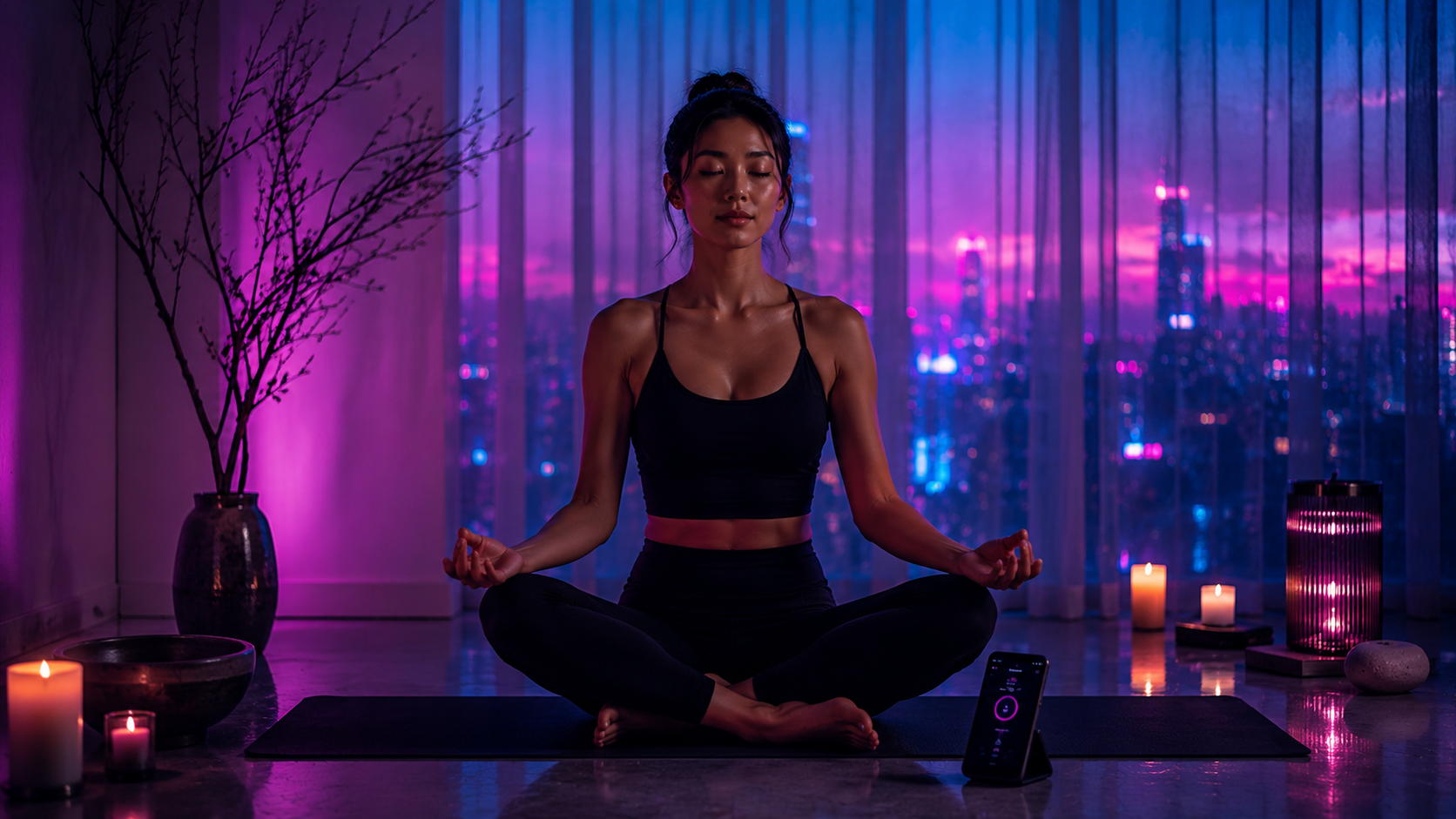 Wellness creator in serene meditation space with Tokyo neon ambient lighting