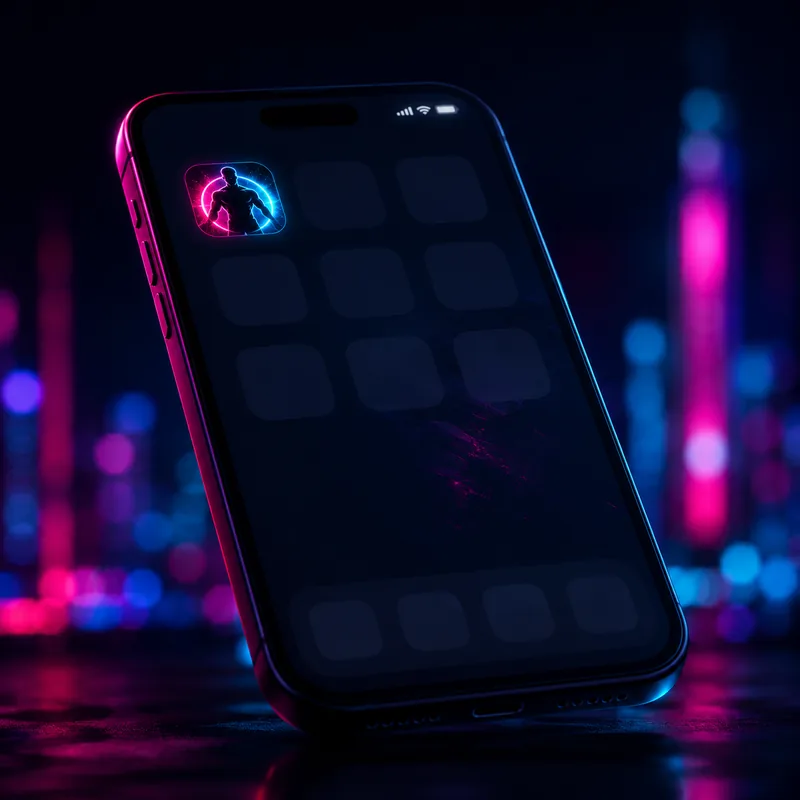Branded fitness app icon glowing on iPhone home screen in Tokyo neon style